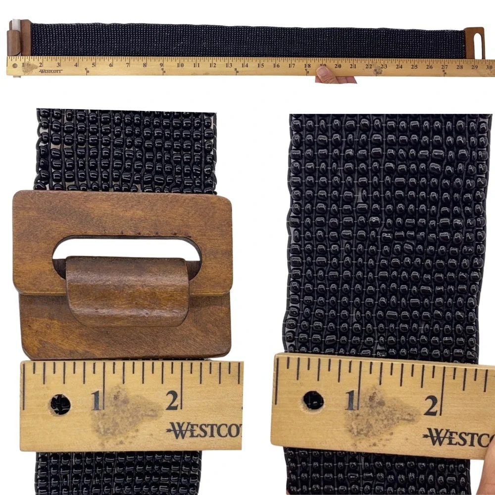 Black Beaded Belt OS Wide Cinch Wood Buckle Elastic Stretch Boho